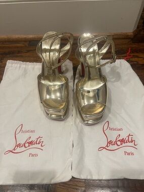 Christian Louboutin Metallic Gold Platform Ankle-Strap Sandals